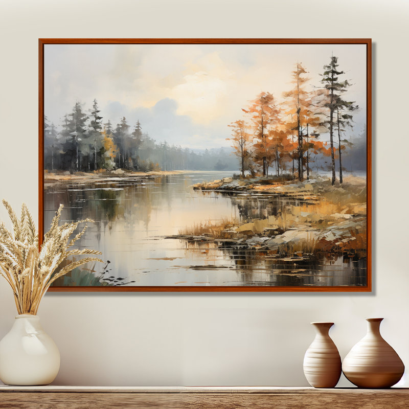 «Lakeside Fall Foliage Serenity II - Lake River», art mural, H 24 po x l 32 po x P 1 po, Cadre flottant brun