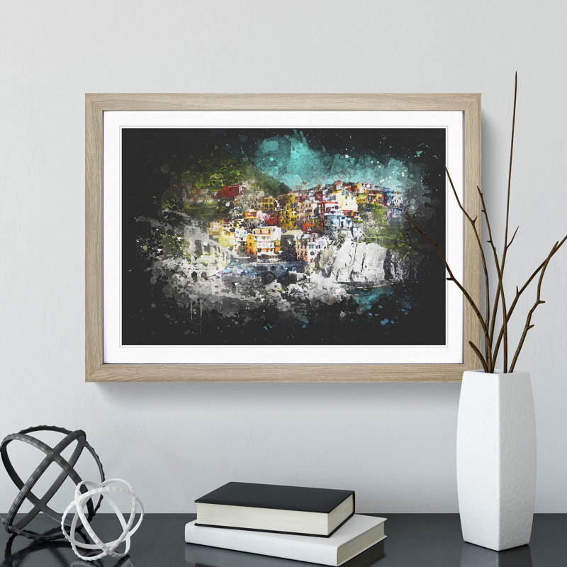 Cinque Terre In Italy Paint Splash - Picture Frame Graphic Art, 24cm H x 33cm W x 2cm D, Oak Framed