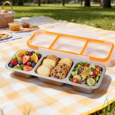 3-Compartment  20OZ/600ml Stainless Steel Divided Food Storage Snack  Container Lunch Box with Lid (Set of 3)