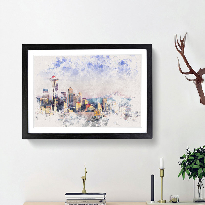 Seattle Skyline - Picture Frame Painting Print, Black Framed, 45cm H x 63cm W x 2cm D
