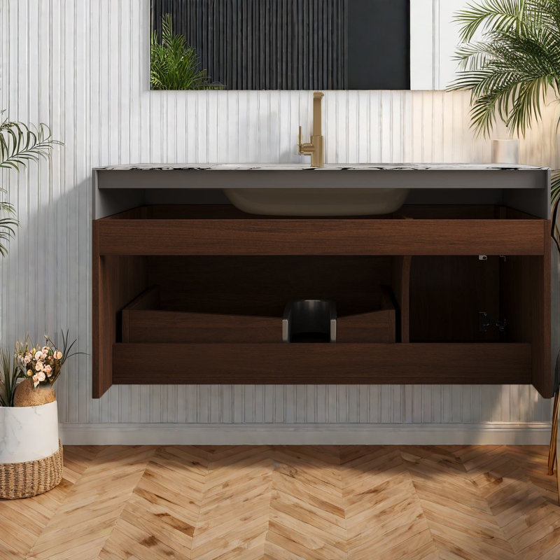 Meuble-lavabo flottant (doit inclure le meuble-lavabo et le lavabo) avec rangement, plateau en pierre sans soudure, fixation murale noyer moderne