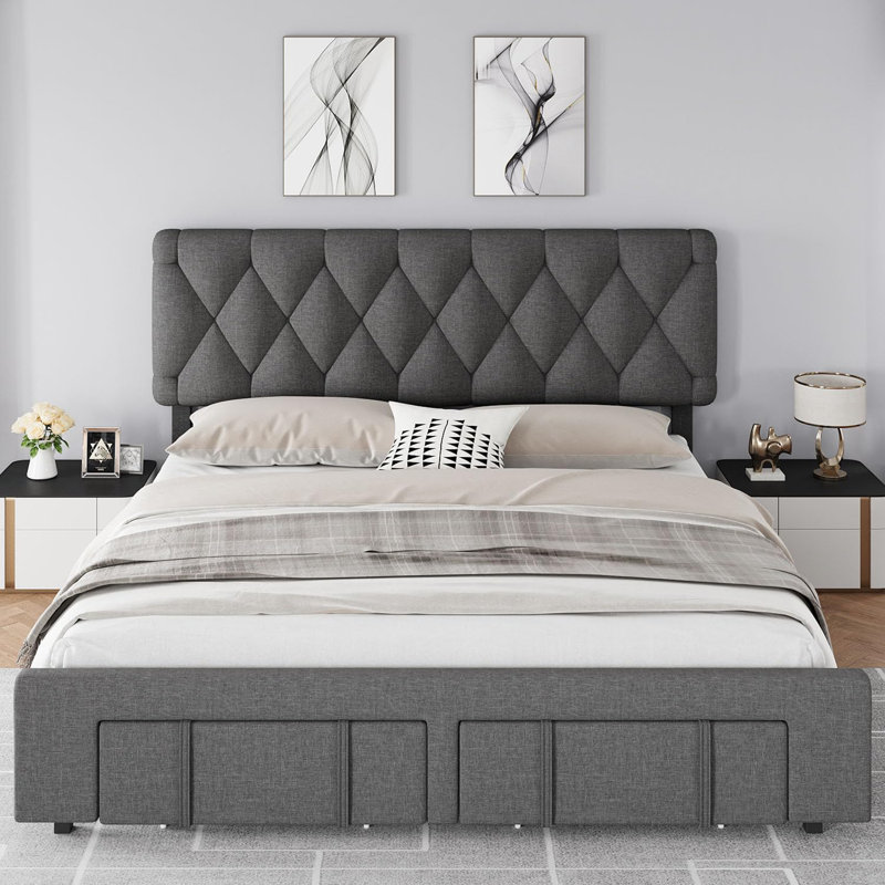 Upholstered Platform Bed Frame with Storage Drawers, Mattress Foundation with Solid Wooden Slats, No Box Spring Needed, Gray