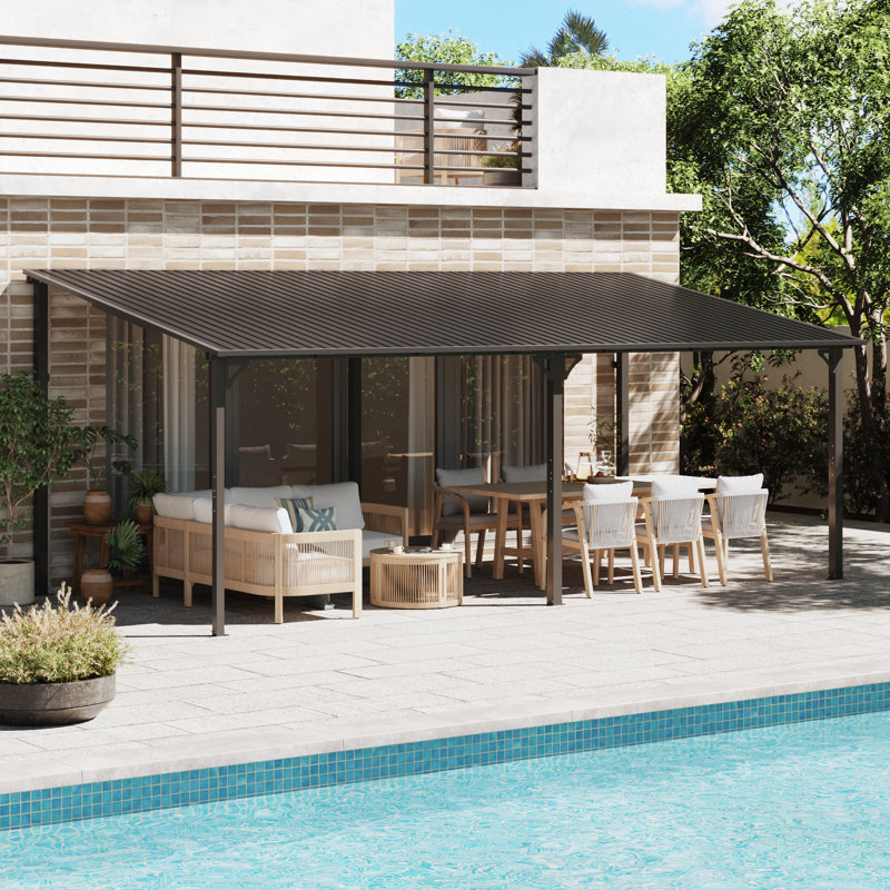 Galvanized Steel Patio Pergola Wall-mounted With Sloping Roof, 97.6" H x 228" W x 110.2" D