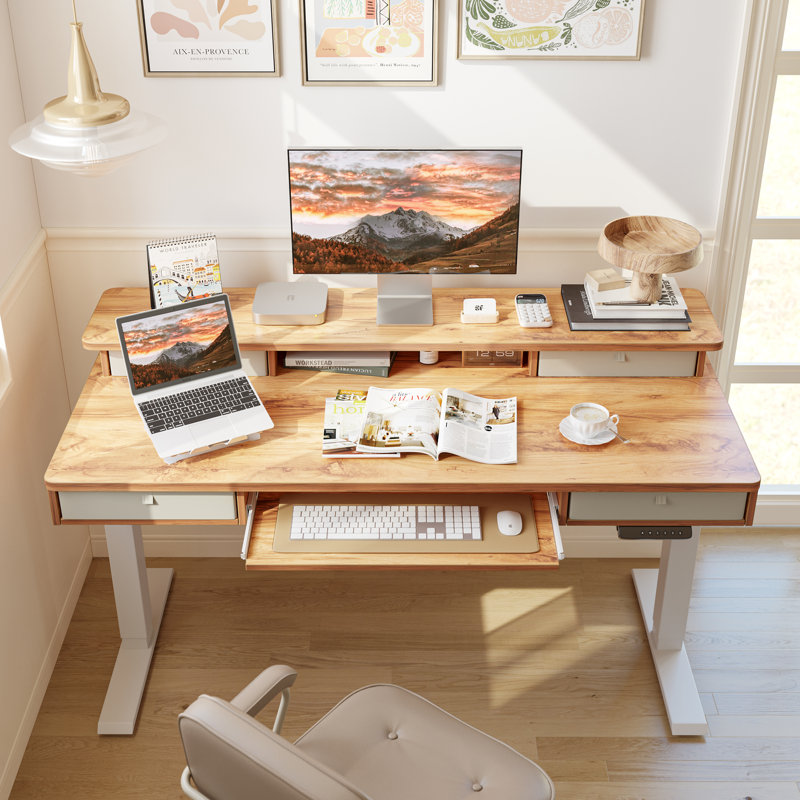 Somers Height Adjustable Rectangle Standing Desk, 46" H x 55.3" W x 23.6" D, Natural/White