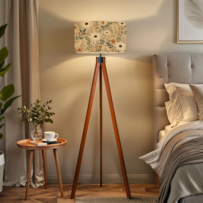  Tripod Standing Lamp Rustic Wildflower Design Beige Orange Floral Remote Controlled Dimmable LED Floor Lamp with Beech Wood Legs & Detachable Linen Shade for Farmhouse Apartment Living Room and Bedroom