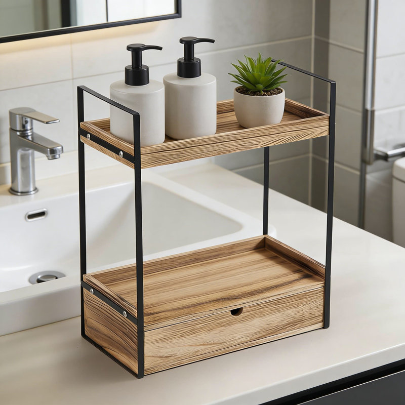 Organisateur de comptoir de salle de bain à 2 niveaux avec tiroir, plateau de meuble-lavabo en bois massif pour le rangement des cosmétiques, salle de bain et comptoir de cuisine