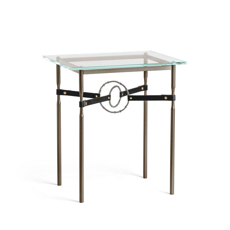 Equus Glass Top Side Table, Bronze, Natural Iron with Black Leather