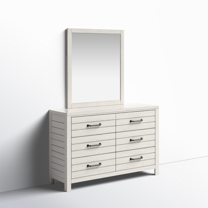 Commode double 6 tiroirs en bois massif avec miroir Montague, Aspect pavé blanc