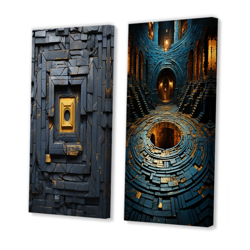 Ancienne pierre Maya Labyrinth II - ensemble de 2 reproductions d'art sur toile abstraites, Toile tendue, H 28 po x l 25 po