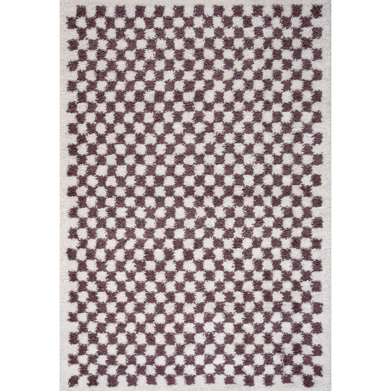 Moodi Modern Shaggy Area Rug Checkered Design, Rectangle 160 x 230 cm, Off-White/Purple