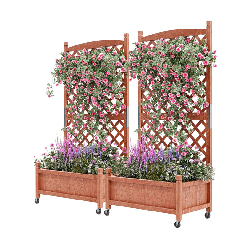 Wood Raised Garden Bed With Adjustable Trellis & Wheels, 2
