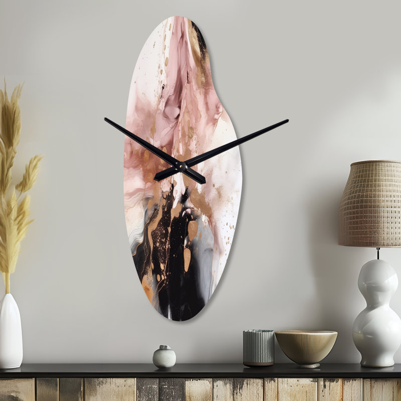 Pink Gold Marble Texture I - Marble Curved Metal Clocks, Pink Asymmetrical Metal Wall Clock Print, Medium