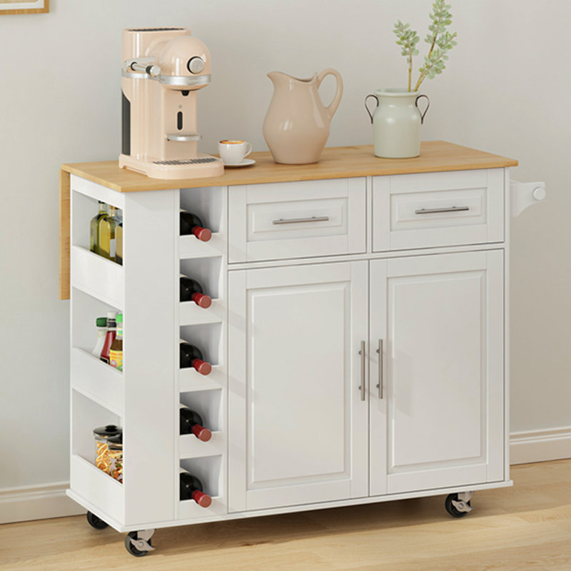 Chariot multifonctionnel pour îlot de cuisine avec armoire à 2 portes et deux tiroirs, support à épices, porte-serviette, support à vin et plateau de table en bois d'hévéa pliable (blanc)