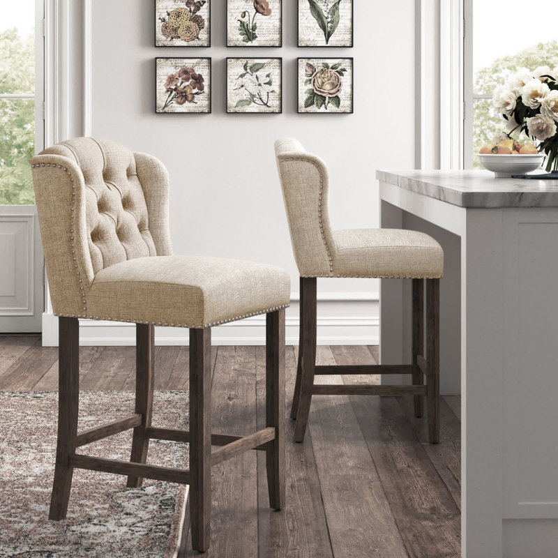 Tabouret Rhuardhi, Lin beige, Tabouret de bar (siège d'une hauteur de 30,25 po), Brun