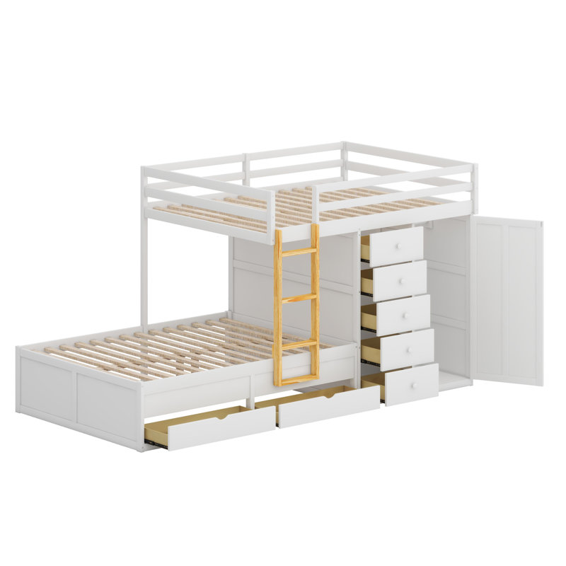 Lit superposé peu encombrant avec grands et petits tiroirs de rangement et garde-robe intégrée, Blanc
