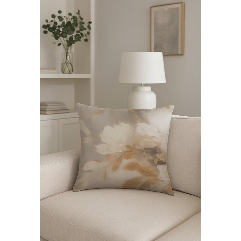 Beige Brushstroke Floral Linen Euro Pillow 26x26 with Down Insert, Beige, Square 20", Down Blend
