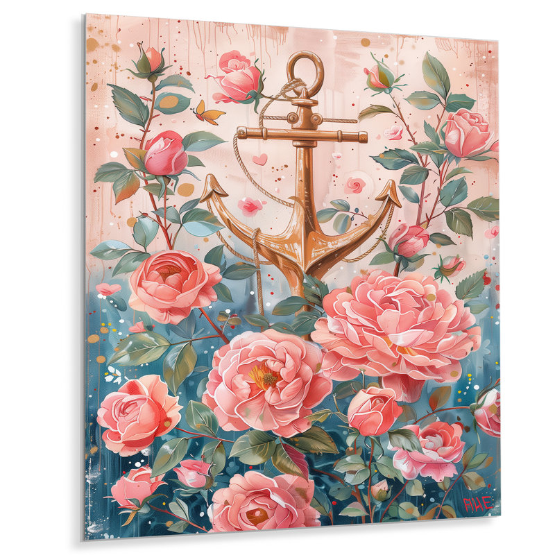 Rose, vert, bord de mer rétro, ancre roses II - art mural bord de mer, Métal métal, H 34 po x l 44 po x P 1,5 po
