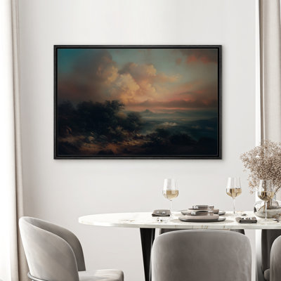 «Sunset Over Mountain Landscape», reproduction d'art sur toile encadrée dans la chambre principale