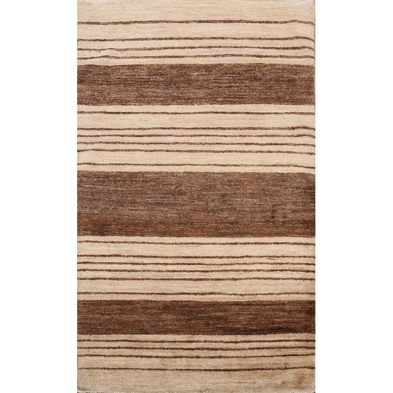 Tapis beige en laine noué à la main de conception unique 3 pi 3 po x 5 pi 2 po New Age