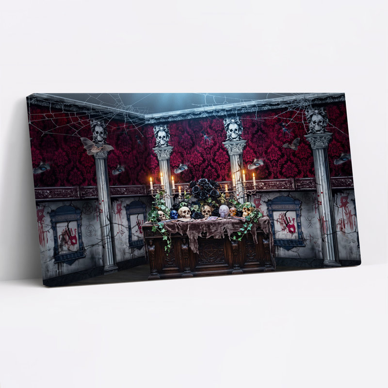 Autel gothique avec crânes et bougies sur toile rouge, décoration murale d'Halloween, 32“W x 16”H