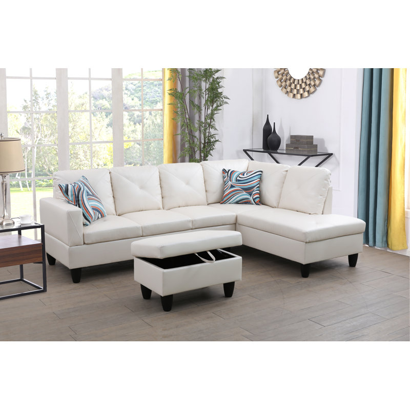 Swarey Faux Leather L-Shaped Sectional, Right Hand Facing, Off White Faux Leather