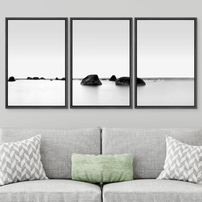 Coastal Beach " IDEA4WALL Framed Canvas Print Wall Art Set Black & White Rocky Lake Zen Seascape Nature Wilderness Photography Realism Decorative Scenic Rustic Chic for Living Room, Bedroom, Office " 3 Piece Art Black and White Photography Print