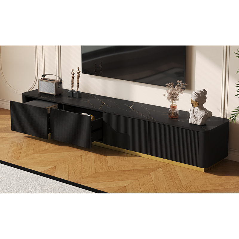 Luxury Fluted TV Stand For Tvs Up To 85", Faux Marble Tabletop Media Console With 4 Drawers, Curved Profile Design, Modern Entertainment Center With Gold Base For Living Room, TV Stand
