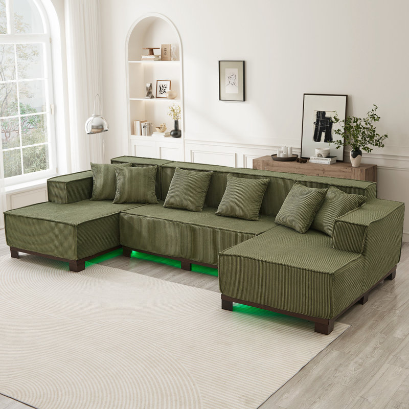 Canapé modulaire en U avec bande lumineuse à DEL RVB et 6 coussins, Velours côtelé vert
