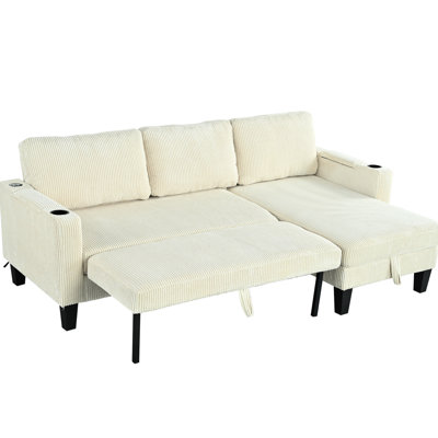 Reversible Sectional With Storage Chaise, Arm Cup Holders And Ports, 3 Corduroy Sleeper For Apartment, Bedroom, Living Room - Beige, 80.32 In Deep, 51.87 Wide, 33.04 High, 114.45 Lb Modern Bed