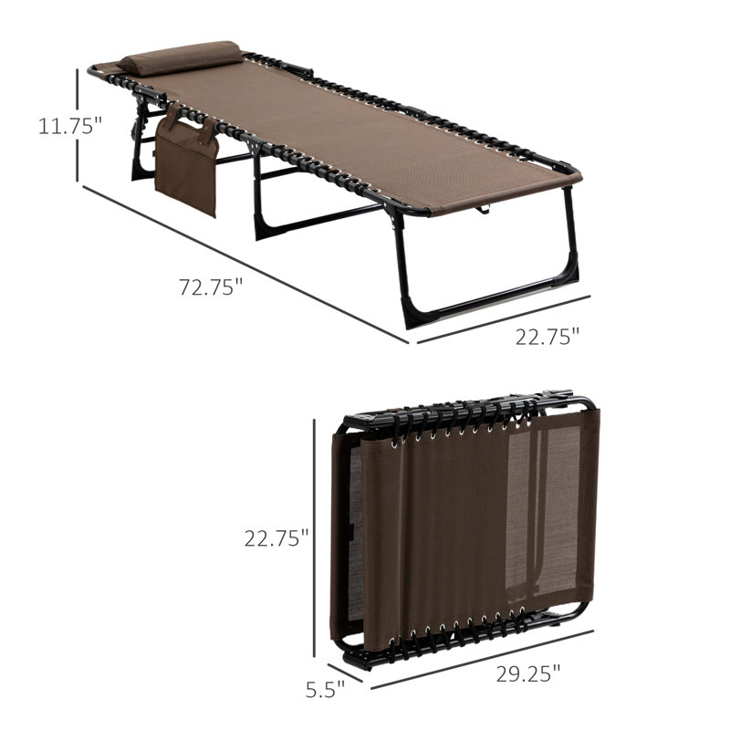 Beach Reclining Lounge Chair, Portable Folding Camping Cot. Adjustable , Removable Pillow, Brown For Patio, Garden Sun Lounger Chair With And Side Pocket Garden, - Chaise Lounge,
