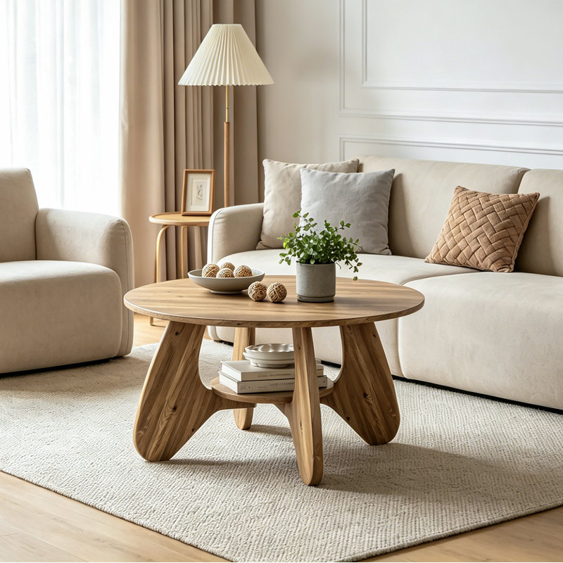 31.5" Circle Coffee Table for Living Room, 2-Tier Wood Accent Center Table with Open Storage, Oak