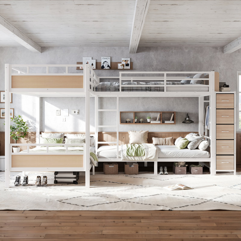 Lit superposé quadruple en métal avec tiroirs de rangement, armoire et étagères ouvertes, cadre de lit pour 4 lits simples, blanc