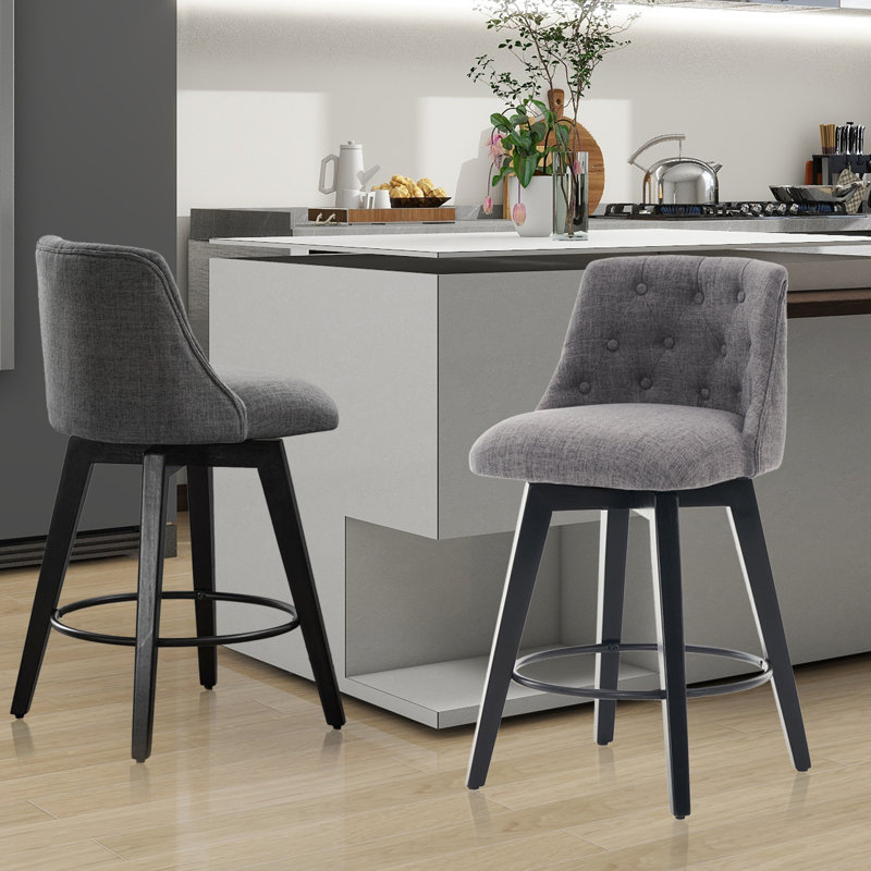  Ensemble de 2 chaises de comptoir pivotantes en tissu de lin moderne avec dossier capitonné, tabourets de bar chics pour îlot de cuisine et salle à manger