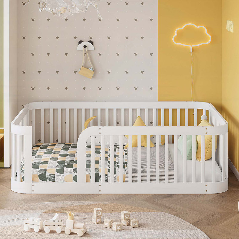 Wood Floor Bed with Fence,Ideal for Creative Play Spaces,Sturdy and Safe Design, Natural, Twin