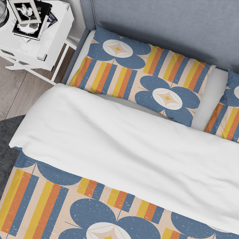 Ensemble de housse de couette rétro mid-century florale iii, Housse de couette simple et 2 taies décoratives