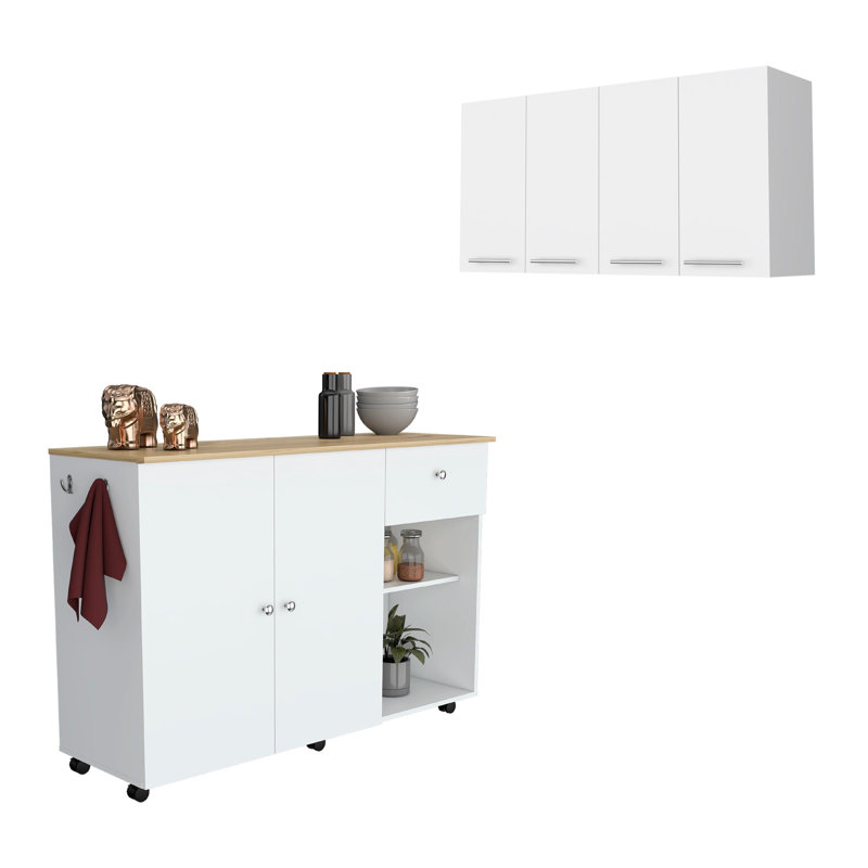 Malibu 2-Piece Kitchen Set with Kitchen Island and Wall Cabinet, White/Light Oak