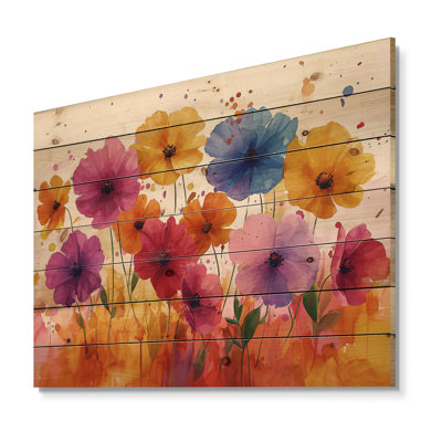 Paysage d'été champêtre fleurs sauvages - décoration murale en bois de fleurs sauvages - sur bois de pin naturel