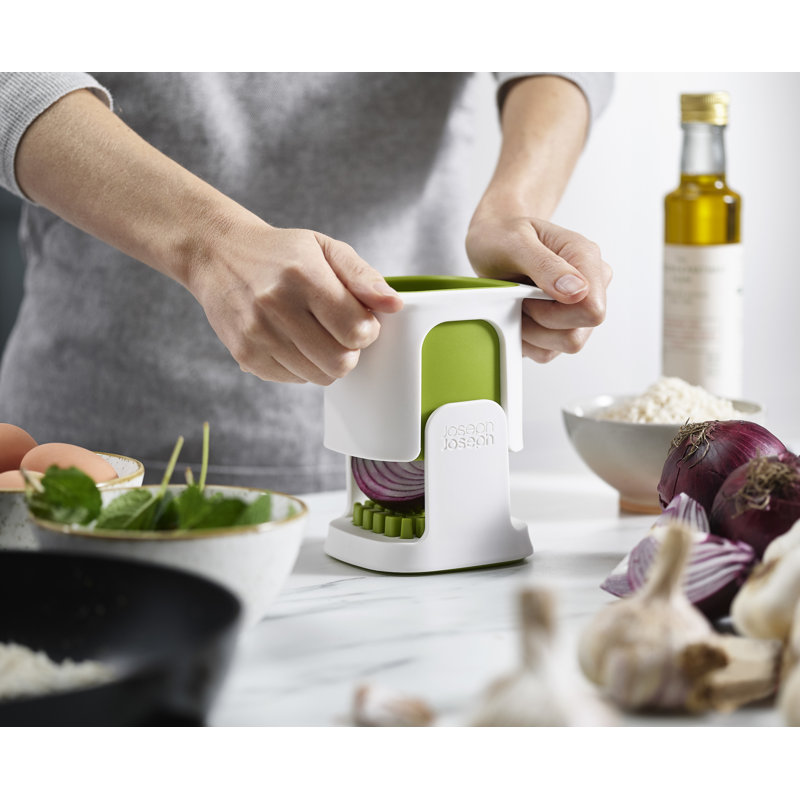 White and Green Box-Shaped Vegetable Chopper with Stainless Steel Blades