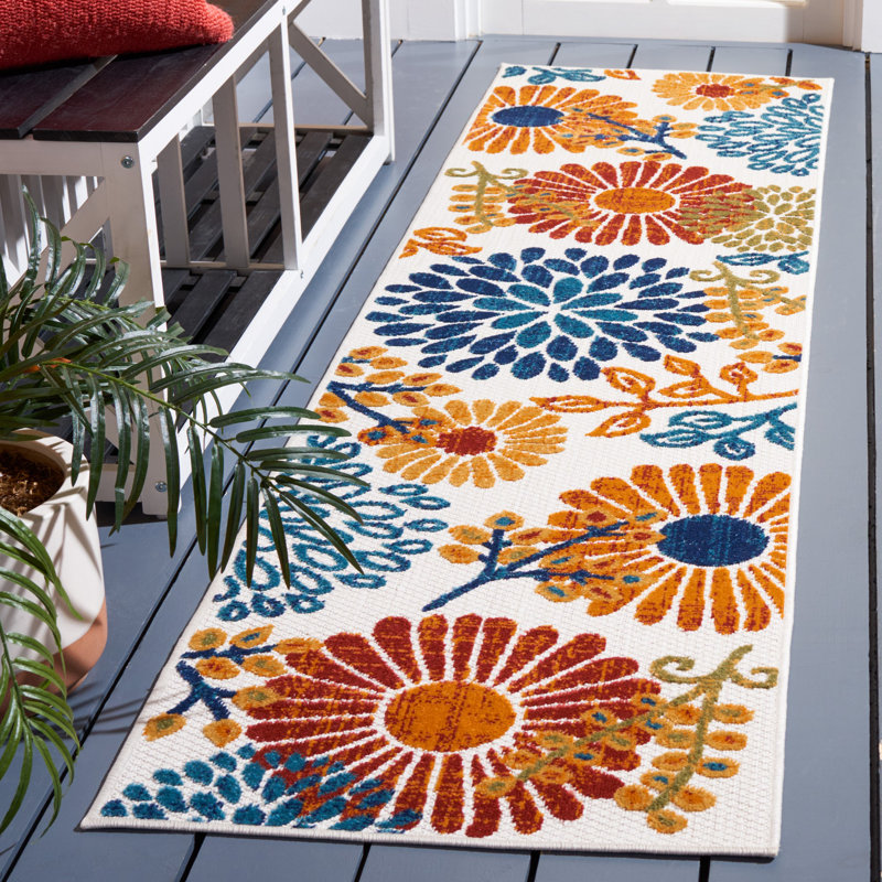 Kellems Performance Floral Indoor/Outdoor Area Rug, Runner 2' x 18', Blue/Orange/Cream