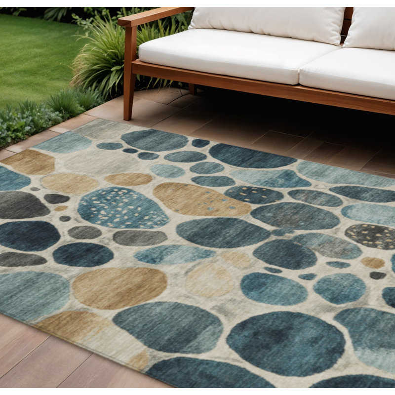 Tapis intérieur / extérieur 8 pi x 10 pi bleu sarcelle à motif géométrique beige et ivoire lavable
