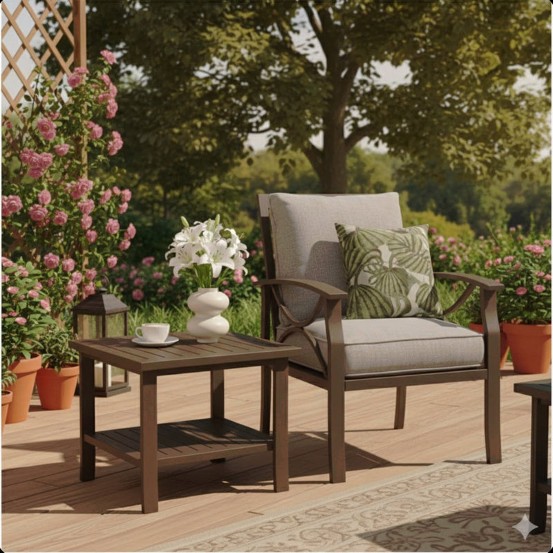 19" Square Brown Metal Outdoor Side Table, 2-Tier All-Weather Patio End Table, Brown