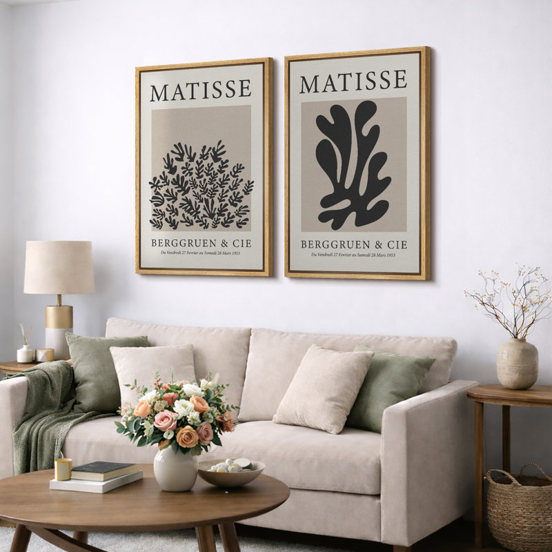 Classical Artwork "Henri Matisse Black Botanical Artwork, Modern Neutral Wall Pictures, Framed Canvas Giclee Print 2 Pieces Wall Art Set" 16x24x2 pcs, 24x36x2 pcs