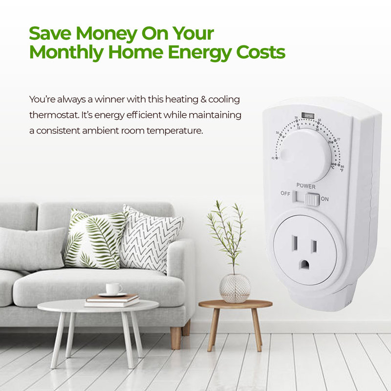 White Universal Plug-In Adjustable Thermostat for Heating & Cooling
