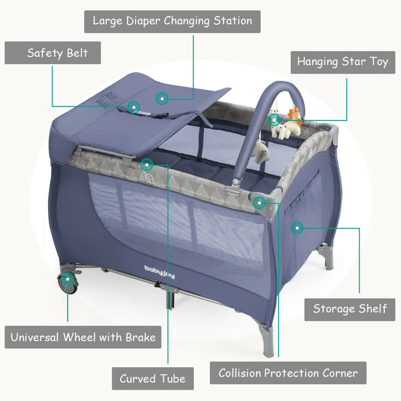 Mini lit de bébé rembourré portatif avec matelas, Gris