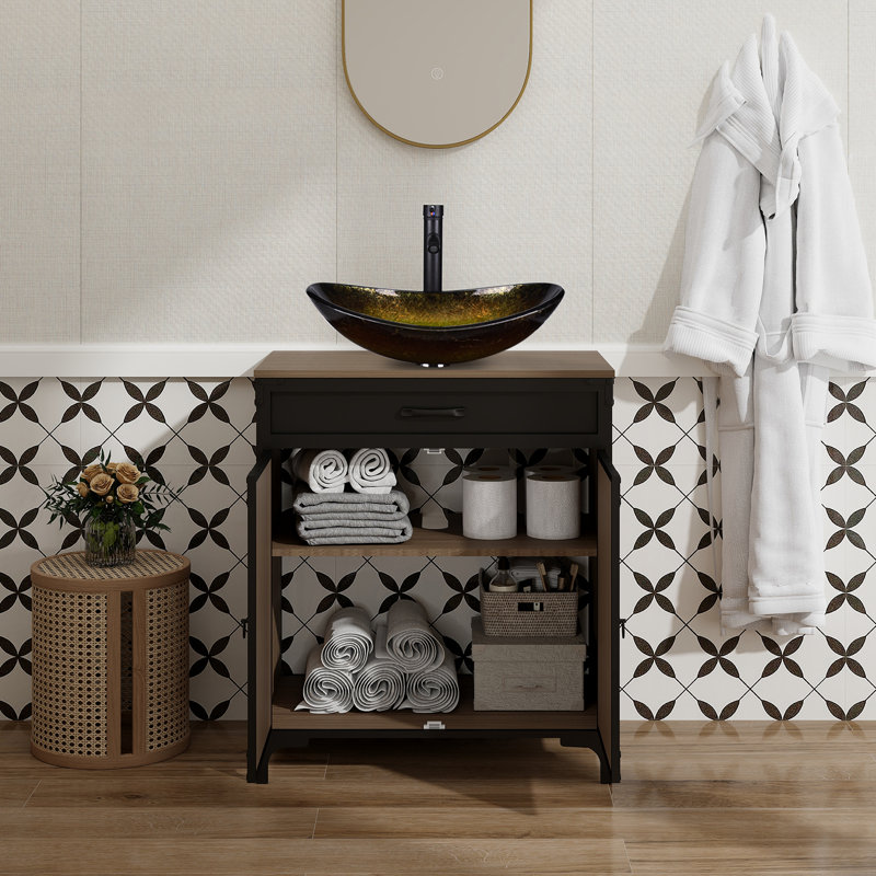 Meuble-lavabo sur pied simple 30 po avec comptoir en bois manufacturé avec lavabo et robinet, Noir, Gold
