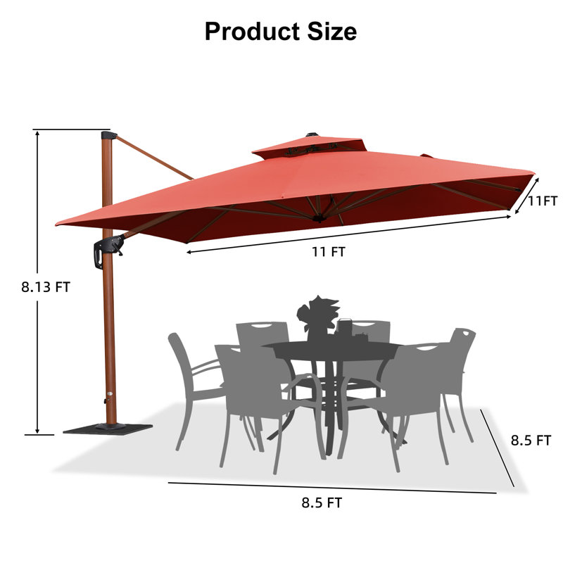 132'' Square Wood Pattern Cantilever Umbrella With Steel Plate Base,Brick Red, Brick Red