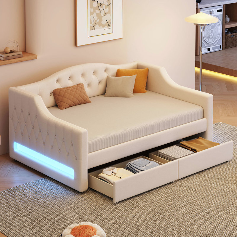 Beige Linen Upholstered Twin Xl Daybed With Led Lighting, 2 Drawers, And Wood Construction For Bedroom Upholstery, Belt, Support Mattress Longevity