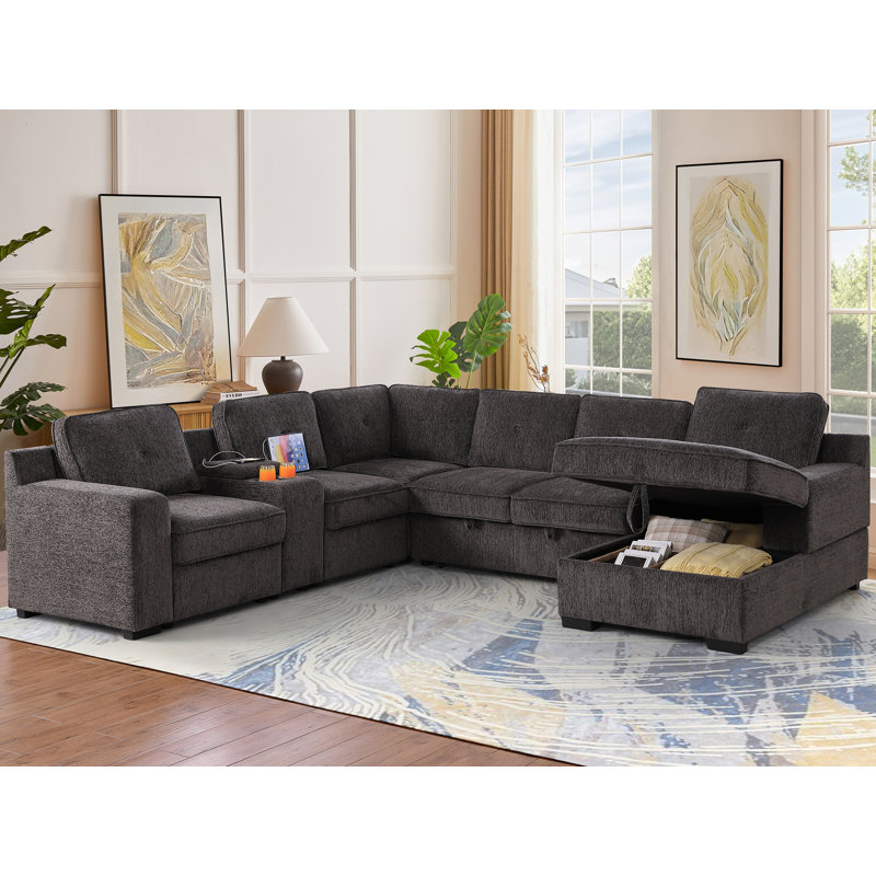 120" Chenille Suqare Arm Sectional Sleeper Sofa U Shaped Sectional Sofa With Pull Out Sleeper Bed With Storage Chaise