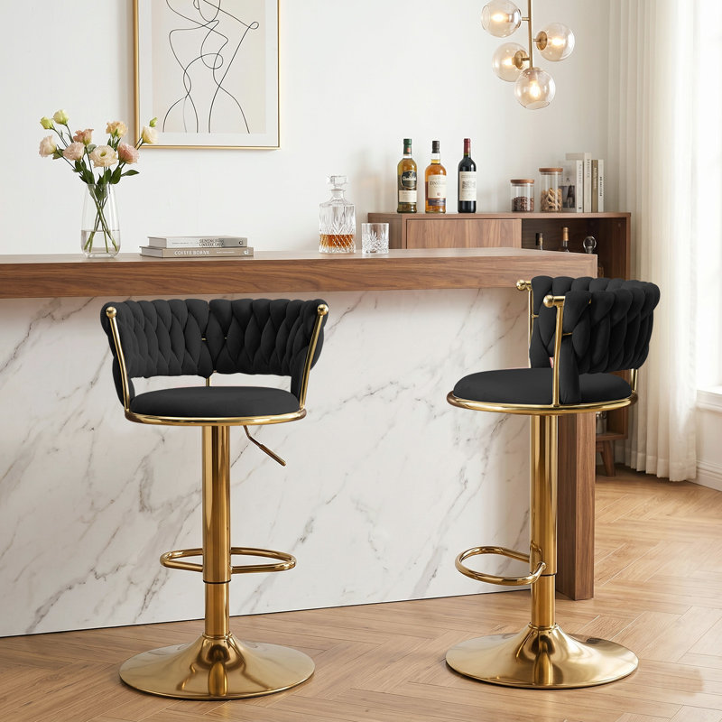 Velvet Swivel Bar Stools Set of 2, Modern Adjustable Height Barstools with Golden Metal Base for Kitchen Island, Black, Black
