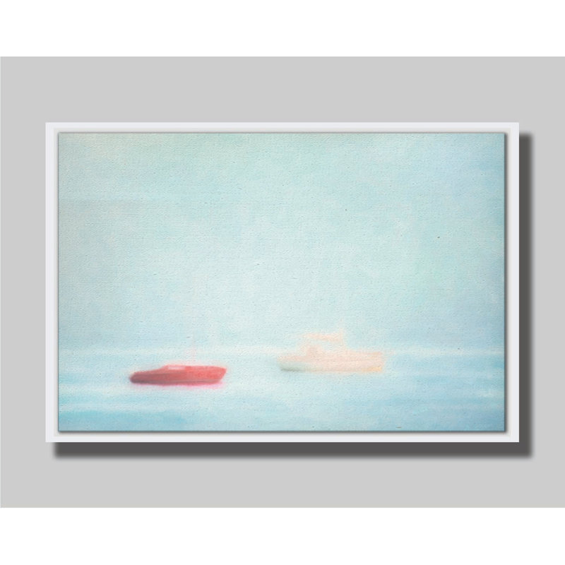 Deux bateaux sur la mer par Hal Halli. Toile giclée sur toile avec cadre flottant, H 30,5 po x l 45,5 po, Blanc